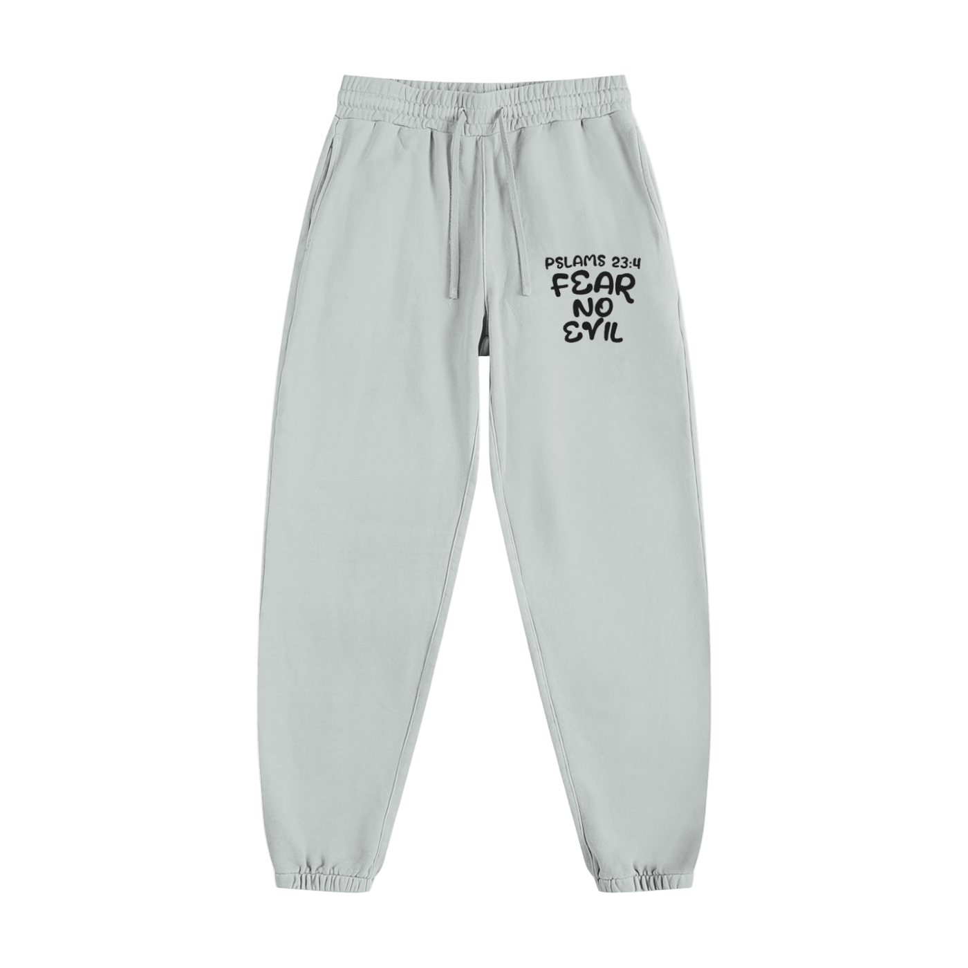 Fear No Evil Sweatpants in light grey with Psalm 23:4 print, elastic waistband, drawstring, side pockets, and ribbed cuffs.