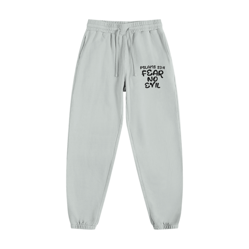 Fear No Evil Sweatpants in light grey with Psalm 23:4 print, elastic waistband, drawstring, side pockets, and ribbed cuffs.