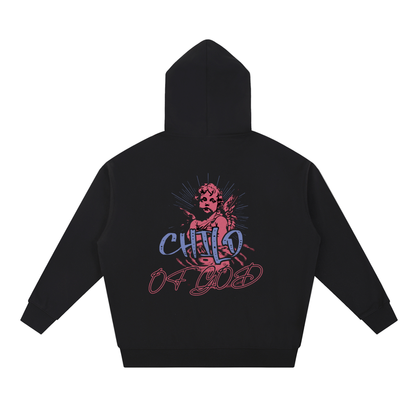 Black Child of God Hoodie with angel artwork and logo on back, oversized fit, cotton blend, long sleeves