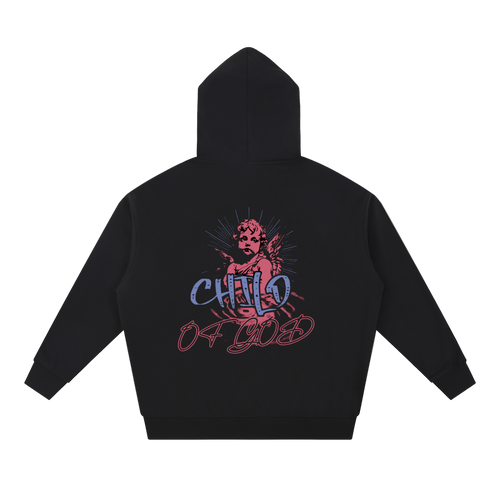 Black Child of God Hoodie with angel artwork and logo on back, oversized fit, cotton blend, long sleeves