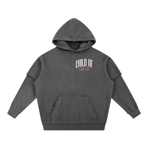 Snow washed raw edge double layered hoodie with Child of God logo front and Citizen of Heaven back design