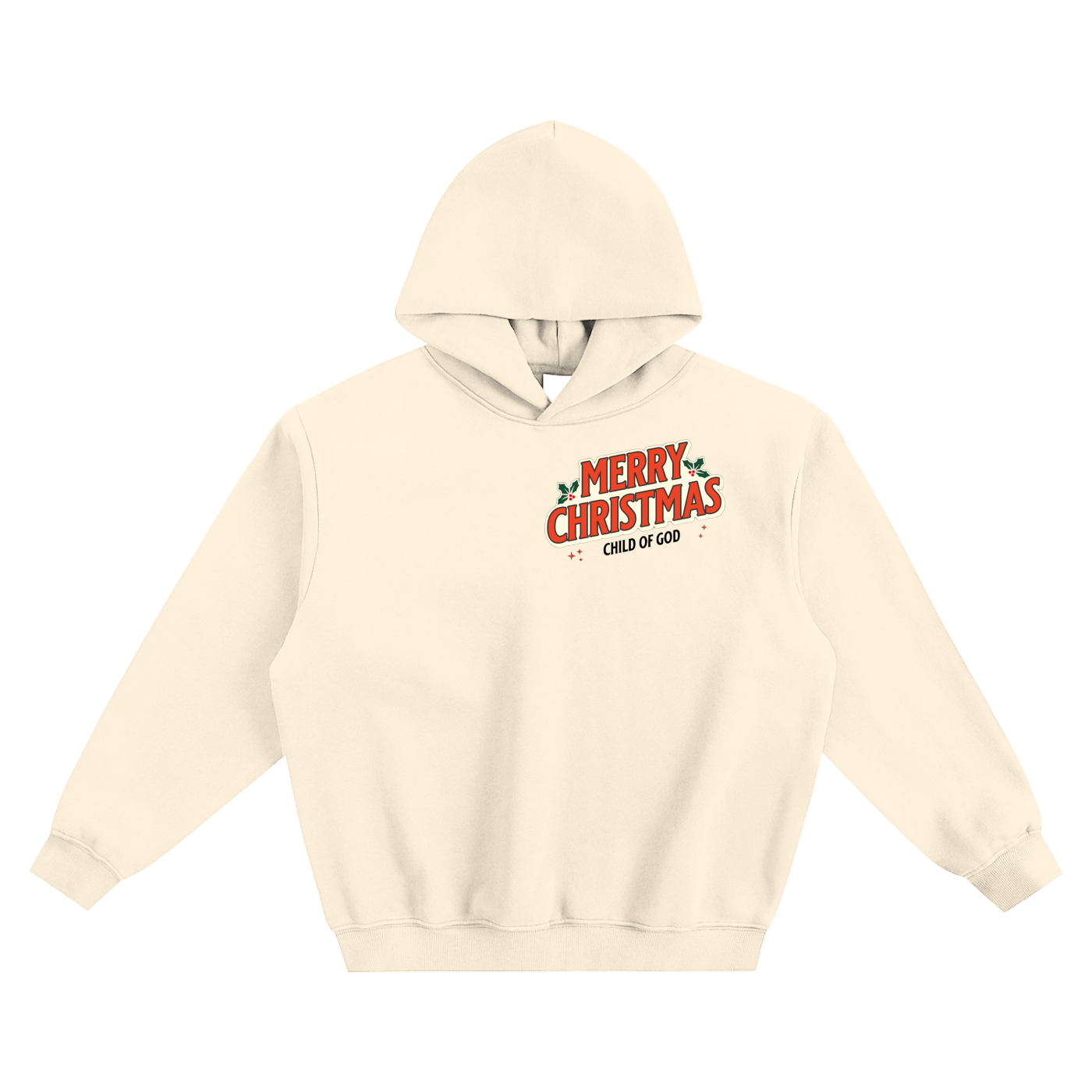 Merry Christmas hoodie in cream with festive front print, cotton blend, hooded long sleeve casual sweatshirt