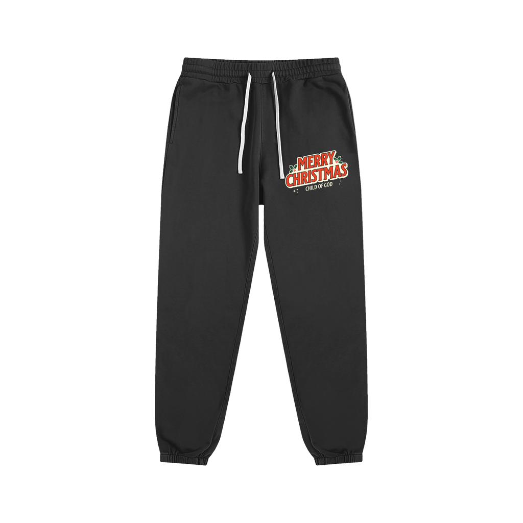 Child of God black sweatpants with Merry Christmas print on front, festive holiday design