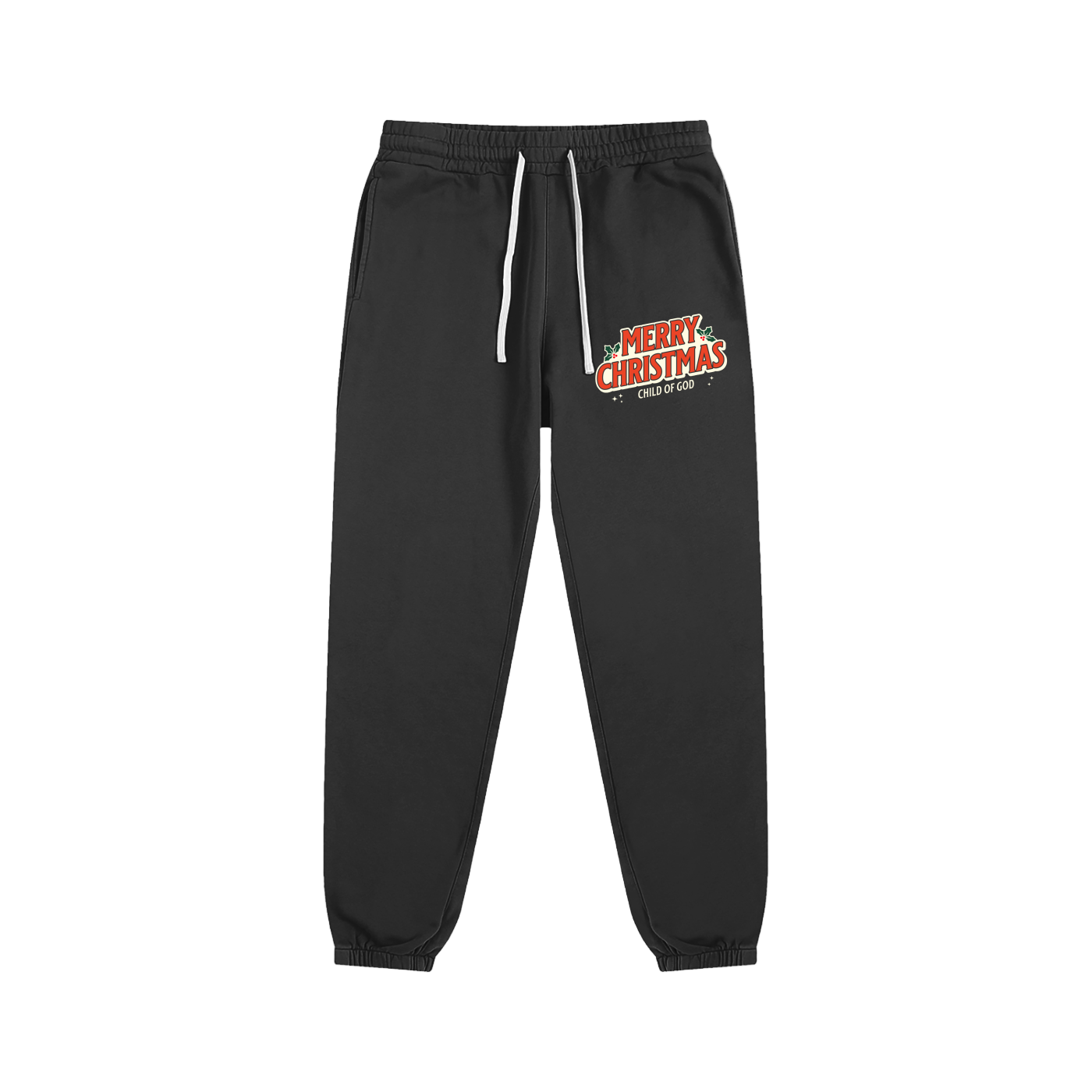 Child of God black sweatpants with Merry Christmas print on front, festive holiday design