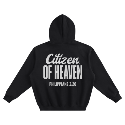 Black fleeced hoodie with "Citizen of Heaven" and Philippians 3:20 printed on the back