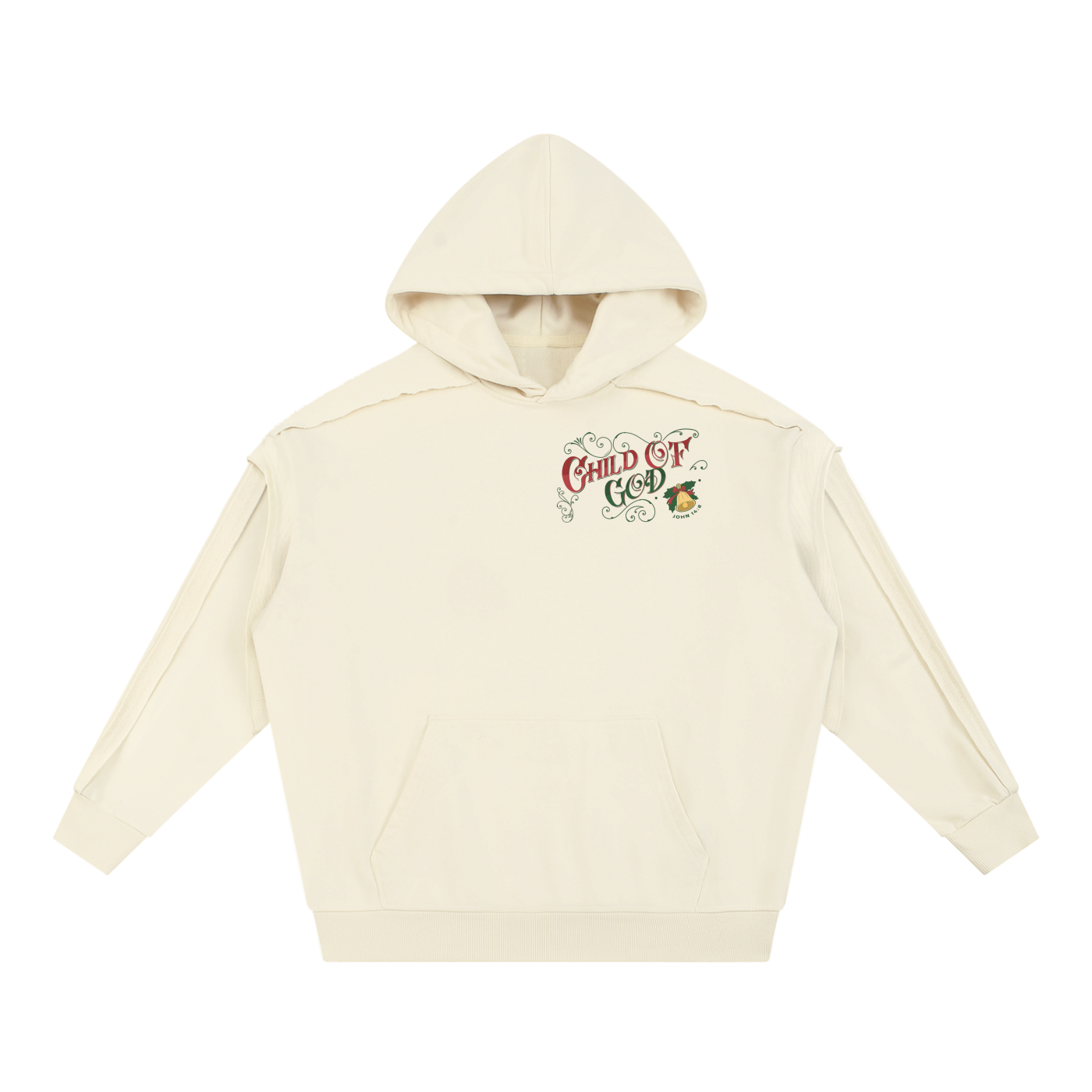 Off-white Contrast Tape Raw Edge double layered hoodie with Child of God Christmas logo and Santa graphic on chest
