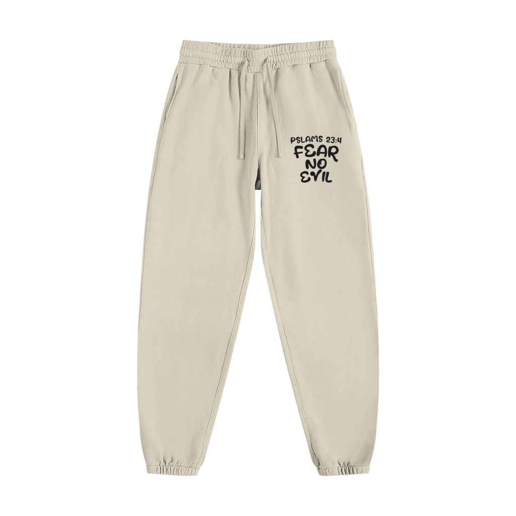 Fear No Evil Sweatpants in light beige with Psalm 23:4 design, elastic waistband, drawstring, side pockets, and ribbed cuffs for comfortable casual wear