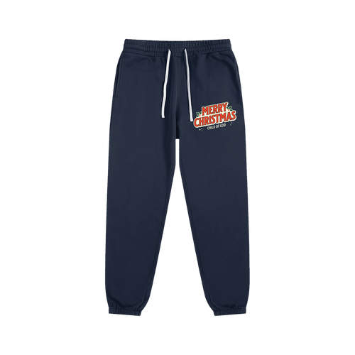Child of God navy blue sweatpants with Merry Christmas print and white drawstring