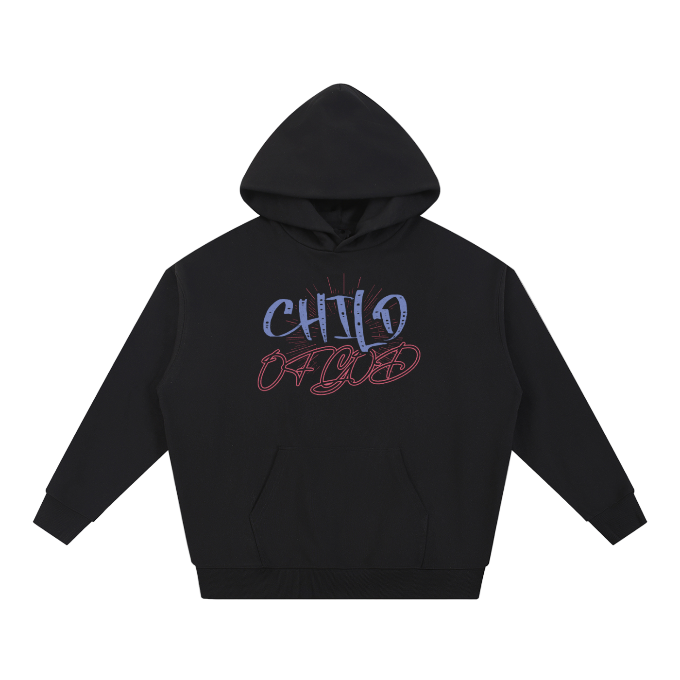 Black Child of God Hoodie with blue and red graphic text, oversized fit, and front pocket.