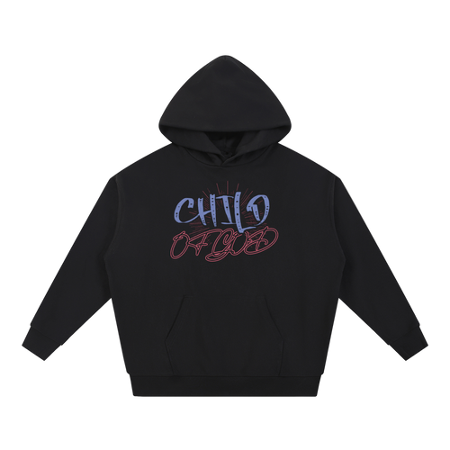 Black Child of God Hoodie with blue and red graphic text, oversized fit, and front pocket.