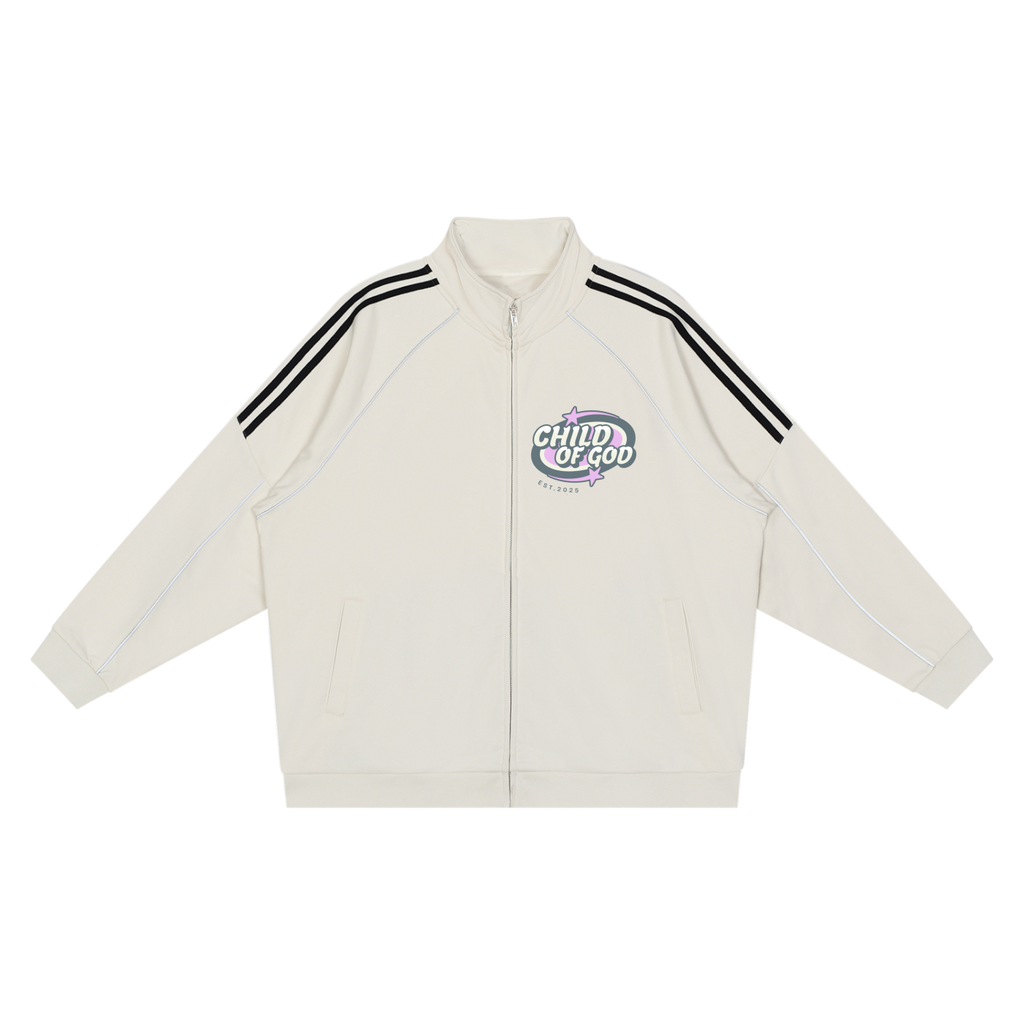 Cream REFLECTION STRIPED JACKET with black triple sleeve stripes and "Child of God" graphic on chest