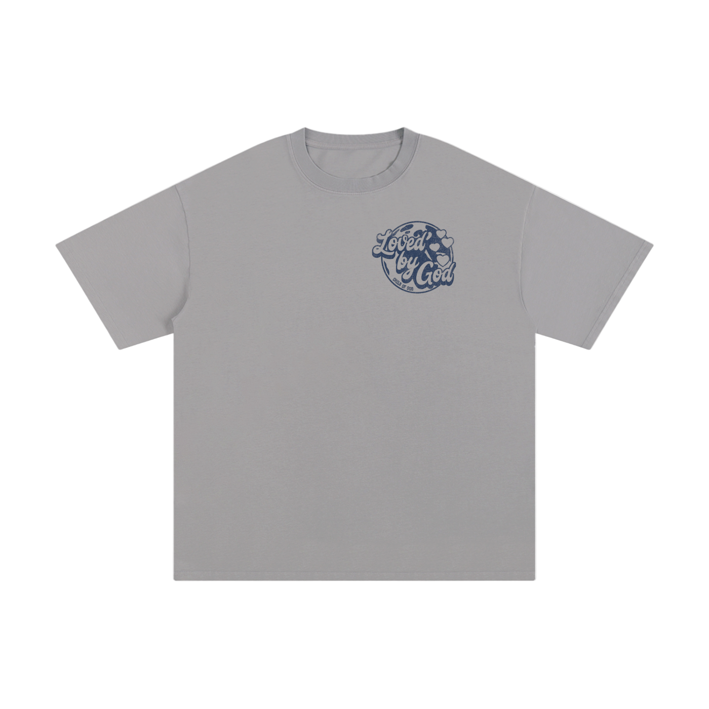 Gray Loved by God T-Shirt with front text design and spiritual message