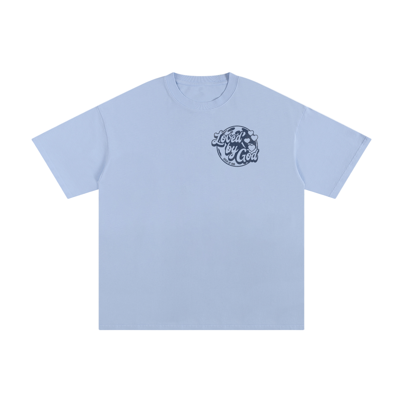 Light blue Loved by God T-shirt with front text and back message, machine washable design