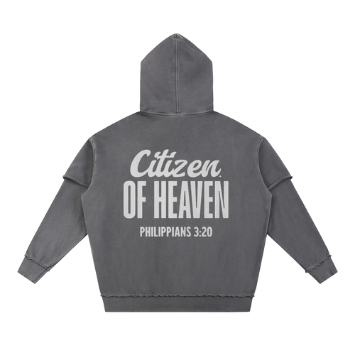 Snow washed raw edge double layered hoodie with Citizen of Heaven text on back and Child of God logo on front