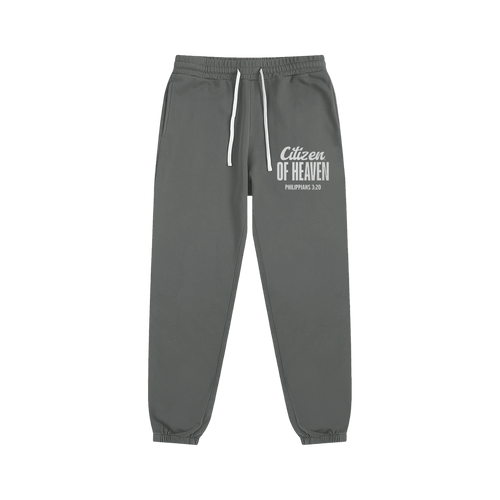 Gray Citizen of Heaven sweatpants with front logo and drawstring waistband